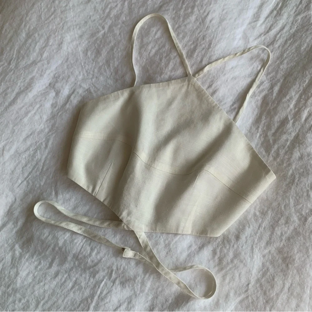 Cult Gaia Drew Linen Strappy Halter Criss Cross Blouse Crop Tie Top Off White